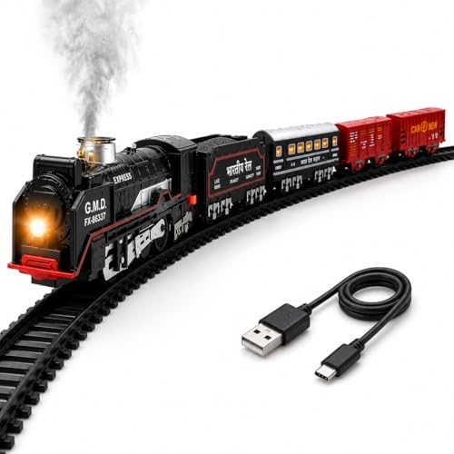 Image of Big Rail Gadi Railway Train Set for Boys | Rechargeable Electric Steam Engine with Multiple Coaches | Smoke, Sound & LED Light Effects Track Toy