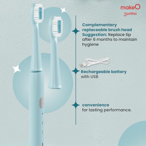 Image of Toothsi Electro i6 Smart Electric Toothbrush | Aquatic Blue | 3 Cleaning Modes | IPX7 Waterproof & 5X plaque reduction | Sonic Technology, Dupont Soft Bristles, & Smart Timer | Rechargeable