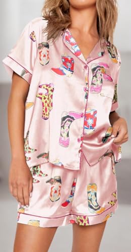 Image of Yiulangde Women's Easter Pajamas 2 Piece Sets Satin Short Sleeve Preppy Easter Eggs Bunny PJs Outfit Button Up Loungewear Set