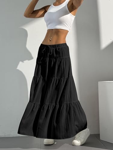 Image of Verdusa Women's Long Maxi Skirt Boho Flowy Flared Ruffle Skirts 2026 Beach Vacation Summer Going Out Outfits