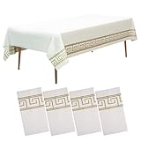Amatra 4-Pack Disposable Table Cloth 54' x 108' - Luxurious White Tablecloths for Rectangle Tables - 140g Thick Plastic Covers With Gold Art Margin for Indoor & Outdoor Events