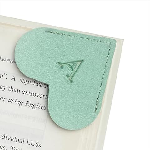 MOTEERLLU Personalized Leather Heart Bookmark with Initial, Cute 26 Letters Custom Corner Book Mark for Reading Women, Teacher, Student, Book Lovers Gifts, Book Accessories (Green, A) Cover