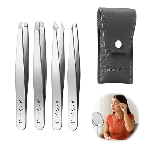 Pinzas Depilar Profesionales – Kit de 4 Pinzas de Precisión para Cejas, Bigote y Pestañas – Pinzas con Mango Antideslizante – Depilación para Hombre y Mujer
