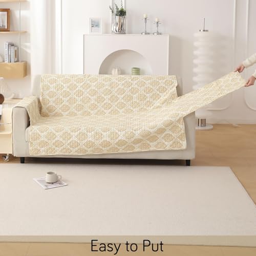 Image of HOKIPO 'VivaCasa Series' Polyester 3 Seater Quilted Sofa Cover with Pockets, Ogee Ivory (NEW-IN-742-D6)