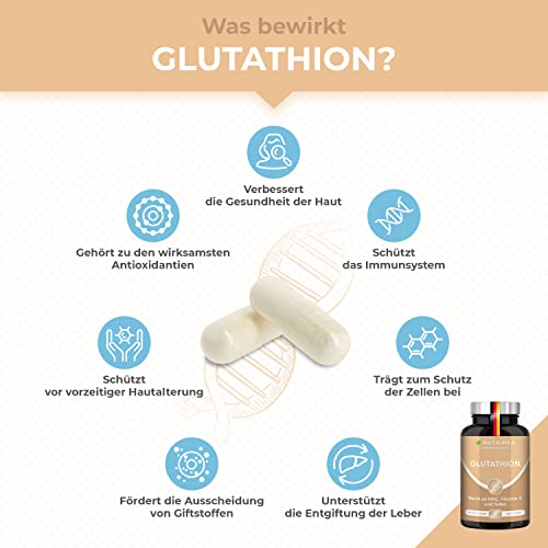 L-GLUTATHION reduziert zu 98% | Optimale Formel mit Vorläufern + Vitamin C | Tripeptid: Glutaminsäure, Cystein, Glycin | 90 Kapseln Vegan Hochdosiert