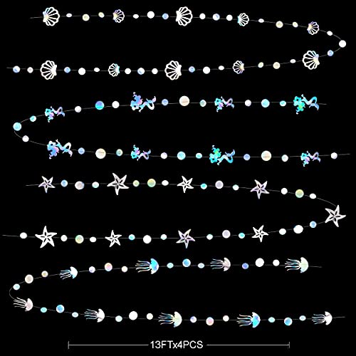52Ft Iridescent Mermaid Party Decorations Bubble Pearl Starfish Seashell Jellyfish Garland Holographic Paper Bunting Streamers for Kids Birthday Baby Shower Ocean Little Mermaid Under The Sea Decor