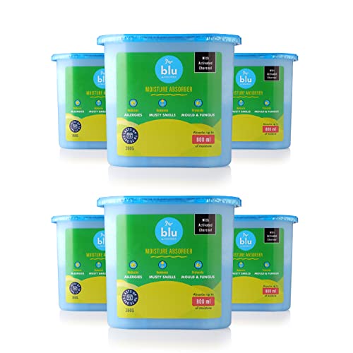 Image of BLU by Absorbia | Moisture Absorber with Activated Charcoal| Pack of 6 (360 gms X 6 Boxes) | Absorption Capacity 800ml each | Dehumidier for Wardrobe & Closets| Fights