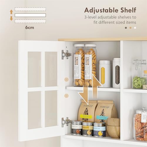 HOMCOM Freestanding Kitchen Cupboard, Storage Cabinet with Doors and Adjustable Shelves, Counter Top, Grid Glass Doors, 80L x 37W x 183H cm - White - Image 6