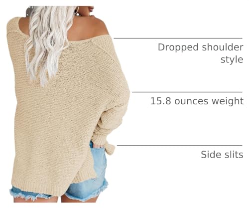 Image of Women's Off Shoulder Knit Sweaters Oversized V Neck Long Sleeve Loose Lightweight Pullover Tops