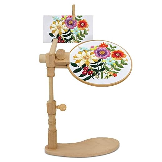 Upgraded Embroidery Hoop Stand, 360° Adjustable Sitting Cross Stitch Stand, Easy to Use Wooden Embroidery Hoop Holder, Hands Free Cross Stitch Stand for Art Craft Sewing Projects