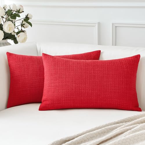 Artscope Christmas Cushion Covers Set of 2 Linen Decorative Square Pillowcases Pillow Covers 30x50cm for Home Decor Sofa Bedroom Car (Christmas Red, 12x20)