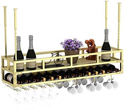 Hanging Wine Rack Wrought Iron Material Double Layer Design Upside Down Wine Glass Holder Home Restaurant bar Living Room Home Hanging Decoration Wine Rack Height Adjustable Gold 80X30X27cm (100cm