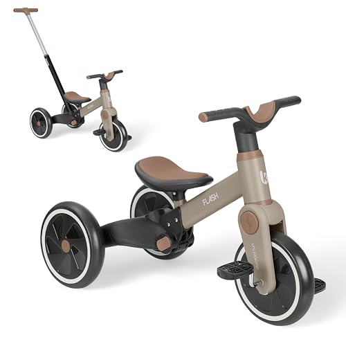 KikkaBoo Tricycle Bébé Évolutif 5 en 1 Flash, Vélo sans Pédales et Draisienne Évolutive, Poignée Parentale Réglable, Roues EVA, Cadre en Acier, 1,5 à 4 Ans, Beige