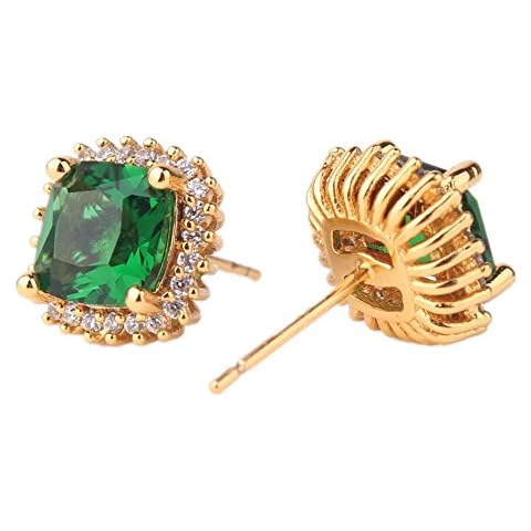ODETOJOY 1 Pair Simulated Emerald Earrings 18K Yellow Gold Plated Square Cubic Zirconia Simulated Diamond Halo Stud Earrings for Women with Gift Box with Gift Box (Green) Cover