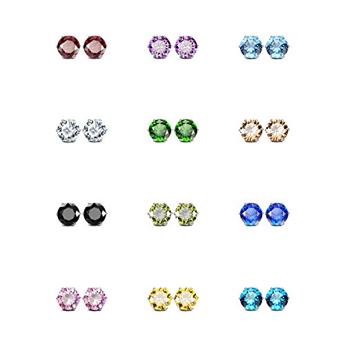 JewelrieShop Girl Stud Earrings Set Tiny Small Colorful Earings Stainless Steel Post Earrings Hypoallergenic CZ Birthstone Ear Studs (12 Pairs,4mm)