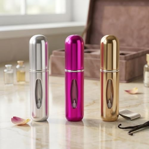 Amarme - Kit com 3 Mini Porta Perfumes Recarregáveis Viagem 5ml Spray Portátil, Leve e à Prova de Vazamento para Viagem, Bolsa ou Necessaire Prático - Escolha sua Cor ((Rosa - Dourado - Prata))