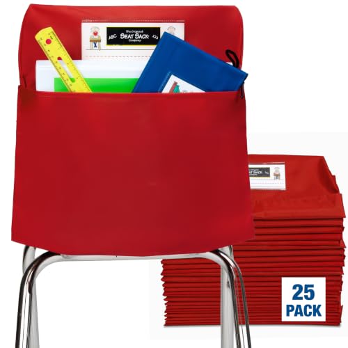 Image of Seat Sack Student Chair Storage Pocket - 19 inch, Single Pocket, Classroom Chair Organizer for Student Desks, Durable Over-the-Chair Storage, Ready-to-Use Name Tag Window, Red, 25-Pack Classroom Set