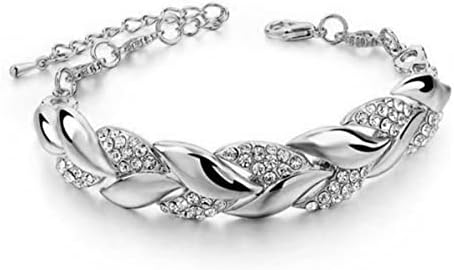 Women Chain Bracelets with Clear Rhinestones Leaf Link Bracelet Hip Hop Jewelry Gift for Grils Daugther Mother Birthday Christmas Valentines Day Creative Jewelry Gifts (Silver)