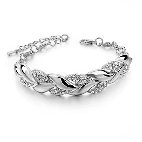 Women Chain Bracelets With Clear Rhinestones Leaf Link Bracelet Hip Hop Jewelry Gift For Grils Daugther Mother Birthday Christmas Valentines Day Creative Jewelry Gifts (Silver) #TOP2