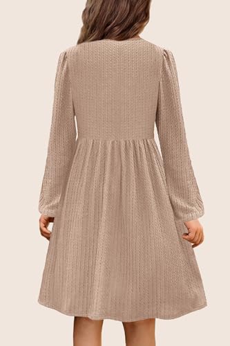 YOVION Girls Knit Dress Crew Neck Long Sleeve Plain A-Line Fall Casual Dresses with Pockets for 6-12 Y4