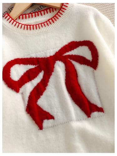 Image of BEAUDRM Girl's Bow Sweater Crew Neck Cute Sweaters Long Sleeve Knit Pullovers Sweater