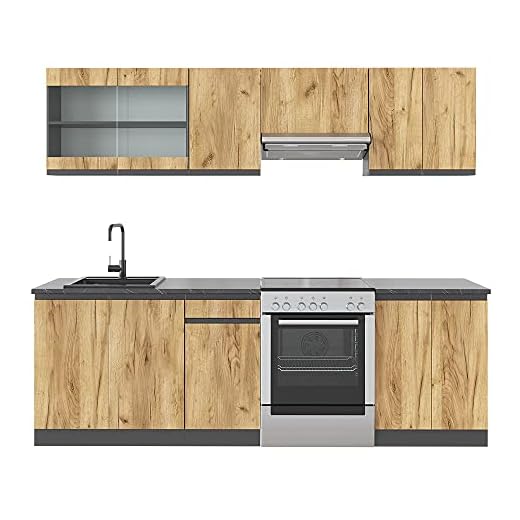 Vicco cucina componibile Raul, Quercia dorata/Antracite, 240 cm senza piano di lavoro