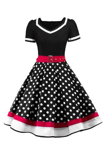 AXOE Donna Vestito Anni 50 Rockabilly Scollo a Cuore con Cintura Regolabile Abito da Cerimonia per Feste e Occasioni Speciali Nero e Pois Bianco, Taglia 44, M