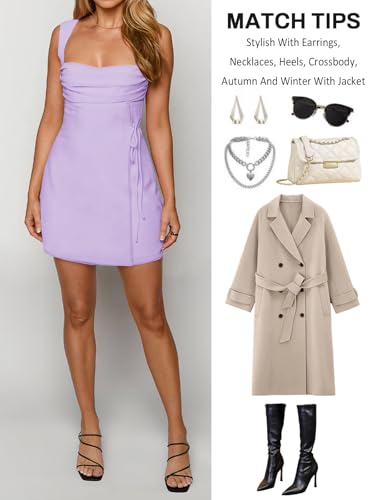 Image of Women's Sexy Ruched Mesh Midi Short Dresses for Women Square Neck Fitted Elegant Club Party Cocktail Dress