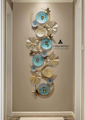 Image of F-RIQA METAL Metal Wall Art Floral Design with Butterfly Accents | Teal Gold Silver 3D Modern Wall Decor | Large Metal Wall Hanging for Living Room Bedroom Hallway Office (124 x 54 cm)