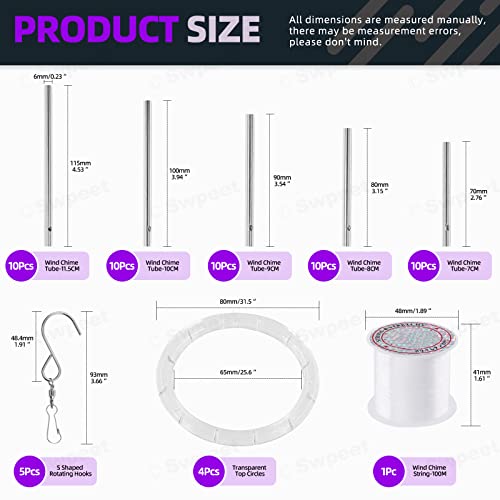 Swpeet 60Pcs Wind Chime Tubes Kit with 100 Yard Wire and Swivel Hooks, Wind Chime Part Kit, Silver - Image 2