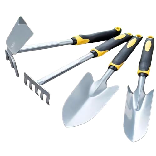 園芸ツール4点セット ステンレス製 腐食防止 コンパクト スコップ 移植ゴテ 両用クワ 熊手 家庭菜園 ガーデニング 家庭用 ゴムグリップ