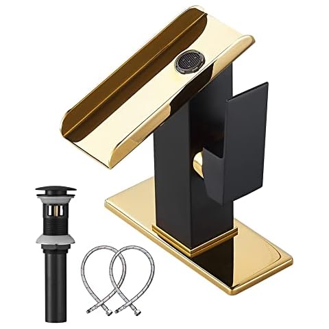 Bathroom Faucet Black&Gold Waterfall Single Handle 1-3 holes 4inch Deck Plate Matching Overflow Bathroom Sink Drain Pop Up Lavatory Vanity Basin Tap Deck Mount Farmhouse Luxury Bath Faucets Commercial Cover