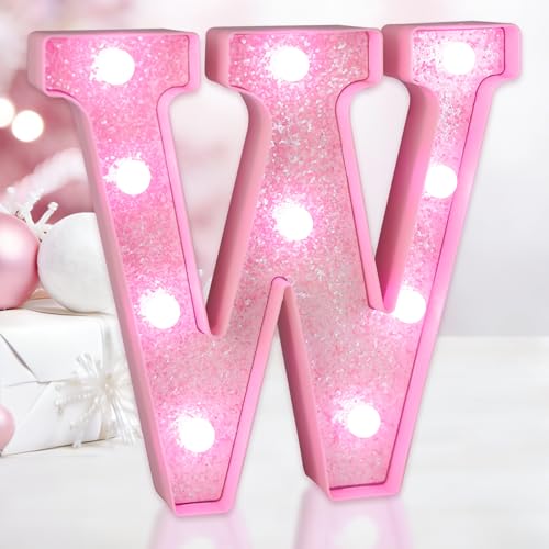 IFDGCTK Pink Glitter LED Light Up Letter W, Cold White Light Marquee Letter