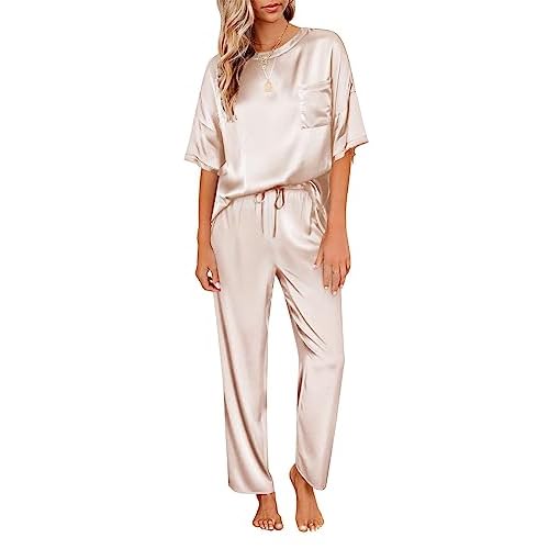 Ekouaer Womens Satin Silky Pajama Set Short Sleeve Shirt with Long Pajama Pant Set Soft PJ Loungewear, S-XXL