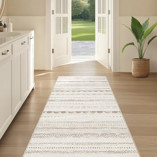 Nakagishi Runner Rug Kitchen Washable Rugs: 2x6 Non-Slip Boho Soft Modern Stain Resistant Indoor Floor Neutral Farmhouse Throw Carpet for Hallway Bathroom Laundry Room Entryway Bedroom- Beige