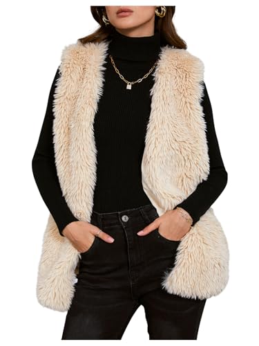 Verdusa Women's Fuzzy Faux Fur Sleeveless Vest Teddy Coats Open Front Plush Waistcoat Outerwear Apricot Small