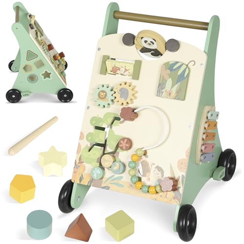 AIYAPLAY Trotteur en bois pour bébé avec contrôle de vitesse, centre d'activités avec xylophone, engrenages et labyrinthe de perles, chariot de marche pour garçons et filles de 18+ mois, vert