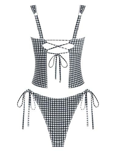 ZAFUL Women's Gingham Ruched Bowknot Decor Cinched Back Tankini Set Tummy Control 2 Piece Bikini Swimsuits2