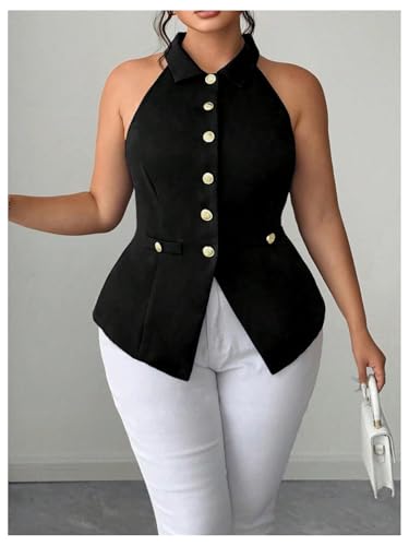 WDIRARA Women's Plus Size Button Down Suit Vest Sleeveless Collared Tank Top3