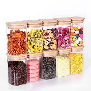 bizwiz Glass (220 ML) Fancy Food Storage Cantainers Set,Airtight Food Jars with Bamboo Wooden Lids square - Kitchen Canisters for Sugar,Candy, Cookie, Rice and Spice Jars (6)