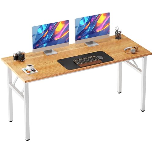 Image of Need Folding Desk, 54 inch Large Computer Desk for Home Office, No Install Needed Study Student Writing Table Desk Workstation, Teak White