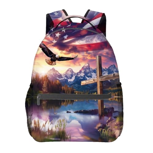 MIEPOS Patriotic Eagle Backpack,American Flag Polyester Backpacks,Lightweight Double Shoulder Back Pack for Adults Teens,Cross Inspirational Bookbag,School Bag Gifts,Casual Travel Daypack Book Packs
