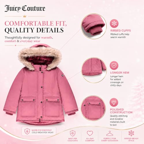 Image of Juicy Couture Girls Heavyweight Winter Jacket with Faux Fur Hood and Cargo Pockets