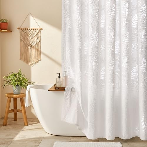 Lameirose White Shower Curtain Lace Shower Curtain Sheer Tufted Tropical