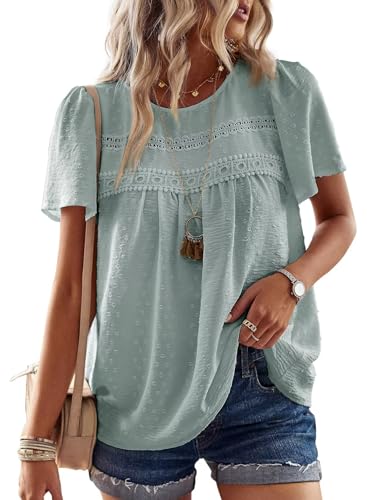 Falechay Plus Size Tops for Women Swiss Dot Solid Lace Flowy Short Sleeve Blouse Boho Round Neck Girls Loose Fit 2026 Gray Green XXXL