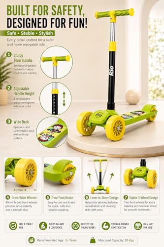 Image of MiniExplorer Rio Kids Kick Scooter for Boys & Girls 3-12 Years - Green | Adjustable Height Foldable Scooter with Rear Brake & Anti-Slip Deck | 3 Wheel /2 Wheel Outdoor Scooter for Kids