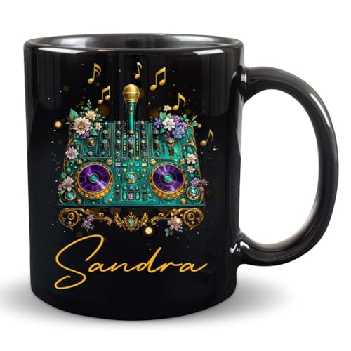 Custom Name Ceramic Cup DJ Mixer Microphone Floral Gold Notes Music Lover Mug 11oz 15oz Personalized Turntable Console Artwork Coffee Tea Party Producer Enthusiast Keepsake Decor