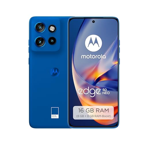 Motorola edge50 neo Smartphone (6,36-Super-HD-Display, 50-MP-Kamera mit Moto-KI, 8/256 GB, 4310 mAh, Android 14) Nautical Blue (Veganes Kunstleder), inkl. Schutzcover