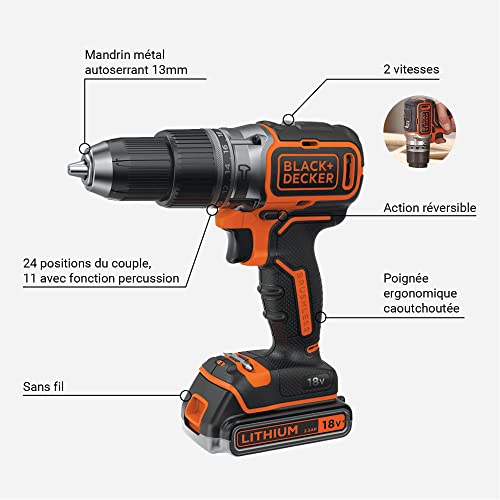 Perceuse percussion brushless BLACK+DECKER 18V double batterie 2.5Ah