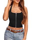 Zanvylia Halter Tank Top for Women Summer Going Out Tops Backless Y2K Crop Sleeveless Zip Front Shirts (US, Alpha, Medium, Regular, Regular, Black)